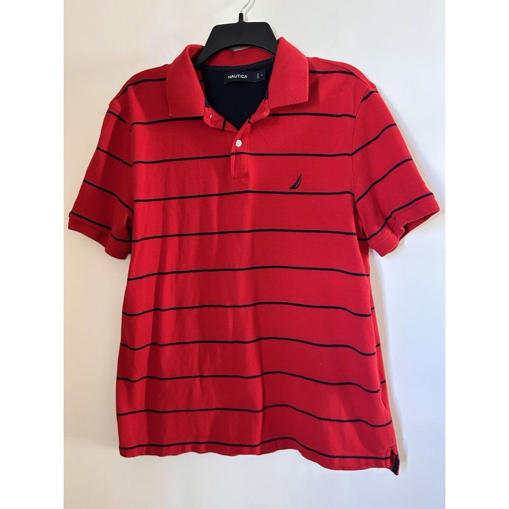 Nautica Polo Shirt Men's Size L‎ Large Red Stripe SS Classic Fit Logo Black